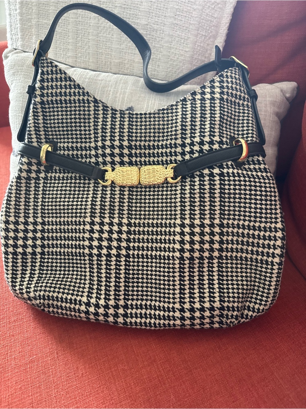 Talbots Black and White Houndstooth Satchel with Gold Accent